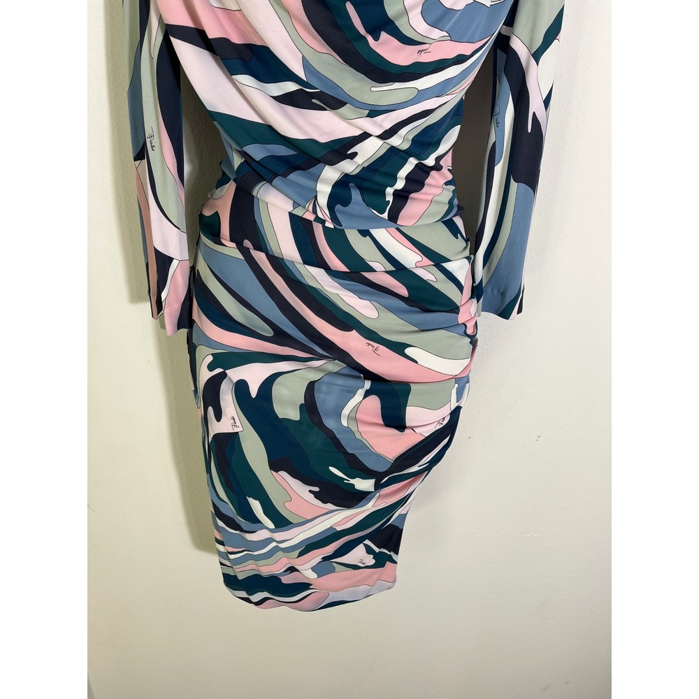 EMILIO PUCCI Draped Cowl Neck Ruched Abstract Print Long Sleeve Dress - Picture 7 of 16
